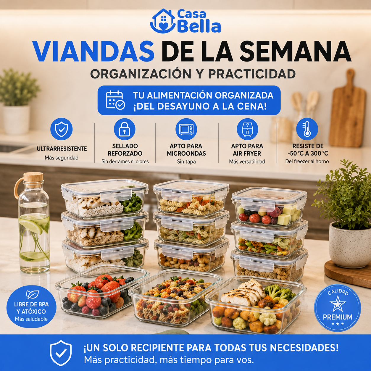 [KIT DE 10] Recipientes Herméticos de Vidrio – 640 ml con Tapa de 4 Cierres y Sellado Reforzado