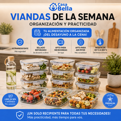 [KIT DE 10] Recipientes Herméticos de Vidrio – 640 ml con Tapa de 4 Cierres y Sellado Reforzado