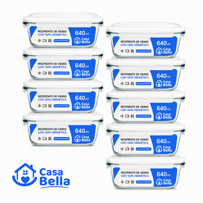 [KIT DE 10] Recipientes Herméticos de Vidrio – 640 ml con Tapa de 4 Cierres y Sellado Reforzado