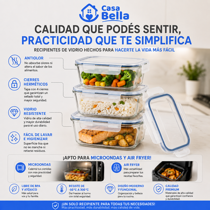 [KIT DE 10] Recipientes Herméticos de Vidrio – 640 ml con Tapa de 4 Cierres y Sellado Reforzado