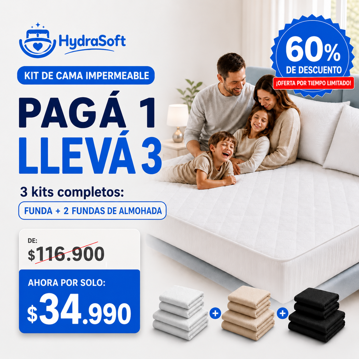 [PAGÁ 1, LLEVÁ 3] HydraSoft™ Juego de Cama Impermeable Premium – Cubrecama + 2 Fundas de Almohada