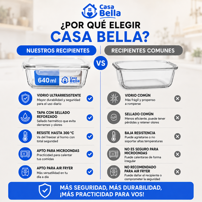 [KIT DE 10] Recipientes Herméticos de Vidrio – 640 ml con Tapa de 4 Cierres y Sellado Reforzado