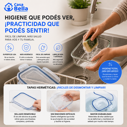[KIT DE 10] Recipientes Herméticos de Vidrio – 640 ml con Tapa de 4 Cierres y Sellado Reforzado